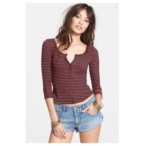 Free People We The Free Thermal Crop Top Striped Orange Henley Shirt